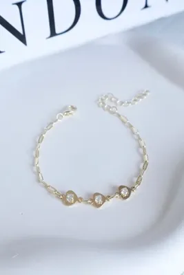 DEMOKAN Kadın Bileklik 14k Elips Zincir Zirkon Taşlı Kalp Bileklik