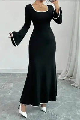 missamour Kadın Siyah U Yaka Beyaz Biye Kaşkorse Elbise