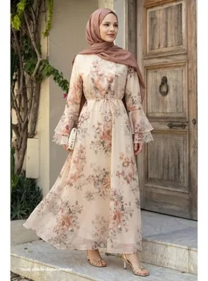 InStyle İspanyol Kol Çiçek Desenli Bej Elbise