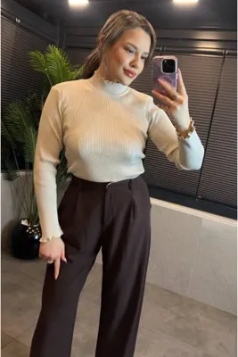 MİR STORE Krem Boğazlı Kol Detaylı Triko