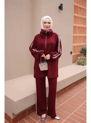 İmaj Butik Bordo Yarım Fermuarlı Şeritli Taş Detaylı Tunik Pantolonlu Takım