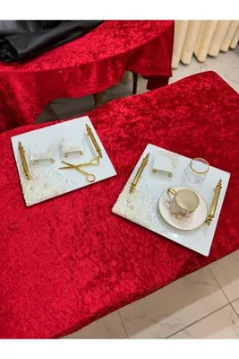 Genel Markalar Mihenk Okyanus Seti İnci Süslemeli Cam Söz Tepsisi Damat Kahvesi Tepsisi Yüzük Tepsisi