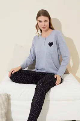 Siyah İnci gri melanj Nakışlı Pamuklu Örme Pijama Takım 24240093