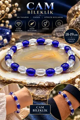 NBS Beautiful Naturel Stones Mavi Şeffaf Cam Boncuk Bileklik 18-19 cm Unisex Kadın Erkek Zarif Şık Tasarım