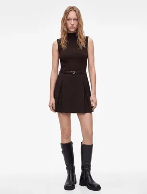Koton Pamuklu Slim Fit Kemerli Bisiklet Yaka Kolsuz Bodycon Pileli Mini Elbise