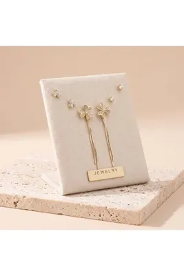JEWELRY Vıp Seri 316L Çelik Gold Renk Zirkon Taşlı Çiçek Figürlü Zincir Sallantılı Çoklu Küpe Seti