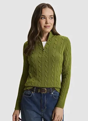 Pierre Cardin Yeşil Kadın Dik Yaka Regular Fit Örgü Kazak DASOF