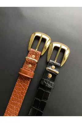 LİA KEMER 2'li Kroko Deri Gold Tokalı Kemer Bel Kemeri Ceket Kemeri Elbise Kemeri Pantolon Kemeri
