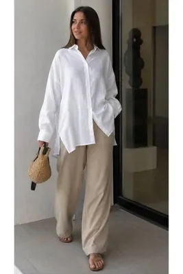 STYLENEST Oversize Beyaz Kadın Gömlek %100 Pamuk Salaş Bol Kesim Yan Yırtmaçlı Minimal Yaka