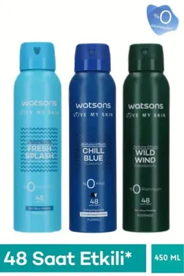 Watsons 3’Lü Erkek Deodorant Seti – Chill Blue Pudralı+Wild Wind+Fresh Splash Pudrasız 150Ml