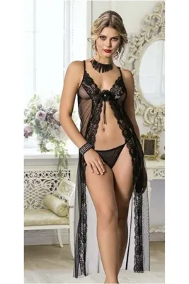 wMc collection Siyah Uzun Şerit Dantelli 2'li Fantezi Tül Gecelik