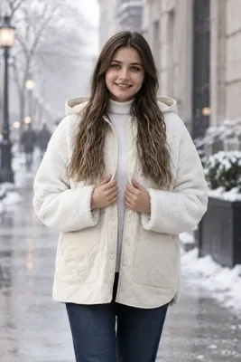 lumberjack HN-3431 Kadın Ekru Renk Günlük Pelüşlü Kapüşonlu Mont