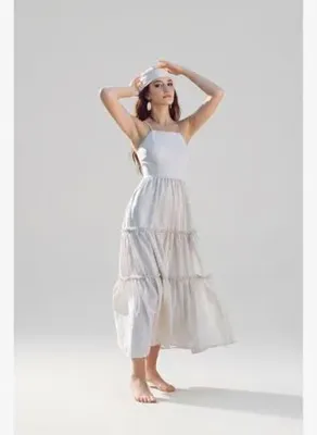 NEFS Design Sırt Dekolteli Keten Elbise Halter Yaka Uzun Boy Kum Rengi