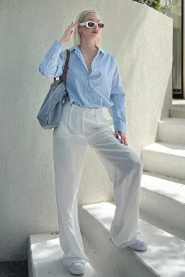 Madmext Mavi Çizgili Over Fit Gömlek Mg1525