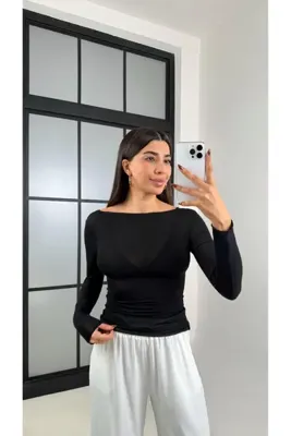 Gaus Siyah Kayık Yaka Muadil Kaşmir Dokulu Transparan Bluz GAUS-00455