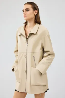 Derimod Dalida Kadın Krem Oversize Deri Ceket