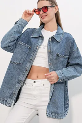 Bigdart 0694 Çift Cepli Oversize Denim Ceket - Buz Mavi