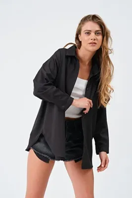 modazoom Kadın Siyah Oversize Basic Uzun Gömlek