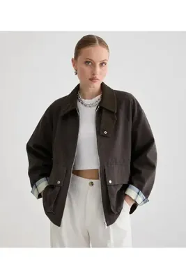manana fashion Kahverengi Kadife Yaka Ekose Astarlı Mont - 202609