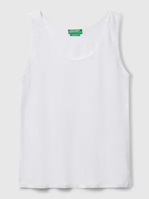 United Colors of Benetton Kadın Beyaz %100 Keten Yanları Yırtmaçlı Regular Fit Yuvarlak Yaka Atlet