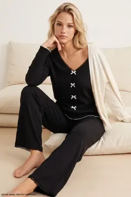 Siyah İnci Siyah Fitilli Pamuklu Kaşkorse Dantelli Fiyonklu Örme Pijama Takım 7945