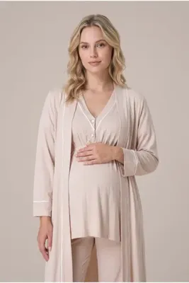 LOHOUSE Kadın Bej Ara Biyeli Düğmeli Sabahlıklı Lohusa Hamile Pijama Takımı