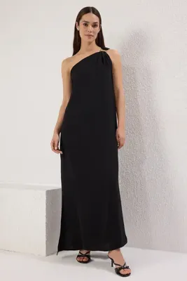 TRENDYOLMİLLA Siyah  Düz Kesim Aksesuar Detaylı Maxi  Dokuma Elbise TWOSS25EL00555