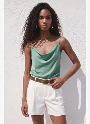 Sateen Askılı Degaje Yaka Bluz - Mint