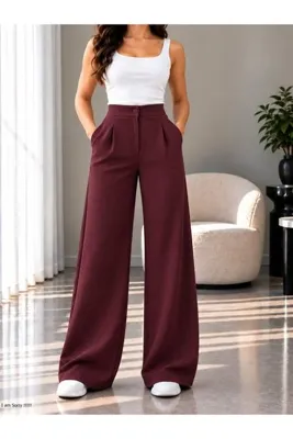MODA İLEMA Kadın Yüksek Bel Tek Pileli Palazzo Pantolon Cepli Dokulu Kumaş Büyük Beden Seçenekli