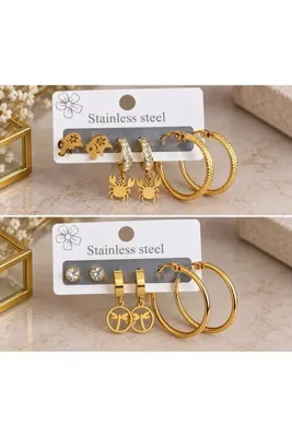 stainles steel Gold Renk Çoklu Küpe Seti – Paslanmaz Çelik