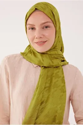 MİRSOY SCARF Kazayağı Desen Parlak Jakar Şal - Yağ Yeşili