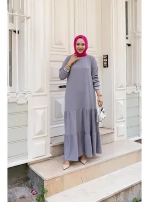 Harmatime butik Kadın Kat Kat Ribanalı Gri Tesettür Elbise