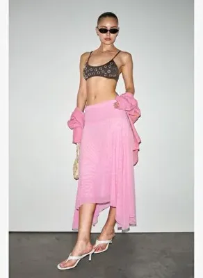 GRIMELANGE SUSANDA Kadın Yumuşak Ve Esnek Kumaşlı Beli Korsajlı Ve Büzgülü Astarlı Midi Boy Pembe Etek 
