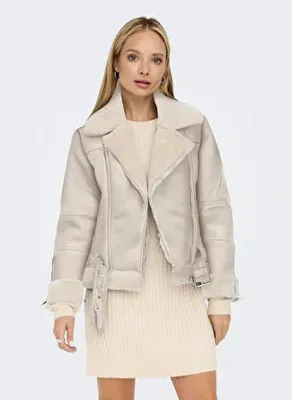 ONLY Bej Kadın Gömlek Düz Mont ONLAGNETE FAUX LEATHER BIKER JKT C