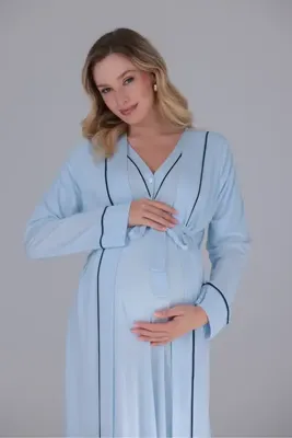 Yulem Homewear Mavi Biyeli Tasarım Pamuklu Fakir Kol Lohusa Hamile Gecelik-Sabahlık 2'li Set