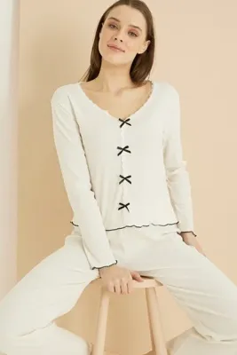 Siyah İnci ekru Dantelli Fiyonklu Fitilli Kaşkorse Örme Pijama Takım 7816
