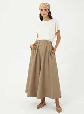 Benin Beli Lastikli Pamuklu Basic Poplin Etek - Bej - Benin