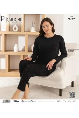 Pijamoni Bambu Milan Kumaş Siyah Renkli Sıfır Yaka Uzun Kollu Kadın Pijama Takımı