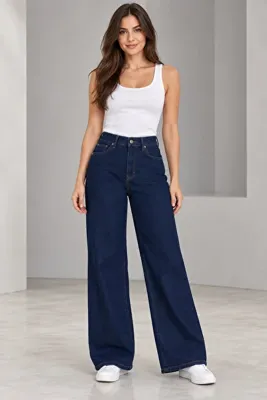 Genel Markalar Ece’s Kadın Lacivert Likralı Süper Yüksek Bel Geniş Paça Palazzo Jeans Pantolon