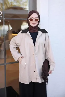 İmaj Butik Bej Çıtçıtlı Cepli Oversize Ceket