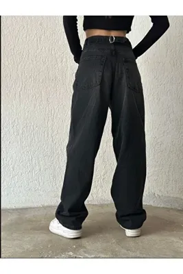 DENİKK TREND Sim Siyah Toka Detaylı Bol Kesim Geniş Paça Rahat Baggy Jean Kot Salaş Kadın Pantolon Balon