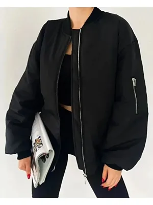 ginger love Kadın Oversize Şişme Bomber Ceket – Fermuarlı Siyah Kolej Yaka