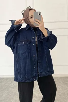 lamelif Çift Cepli Oversize Ceket Koyu Mavi