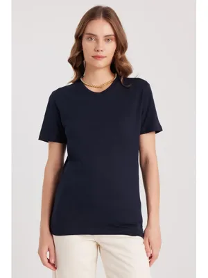 Tudors Kadın Slim Fit Dar Kesim %100 Pamuk Yumuşak Dokulu Lacivert V Yaka Tişört