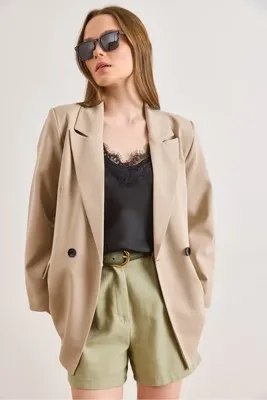 Olalook Kadın Bej Astarlı Çift Düğmeli Poliviskon Blazer Ceket CKT-19000465