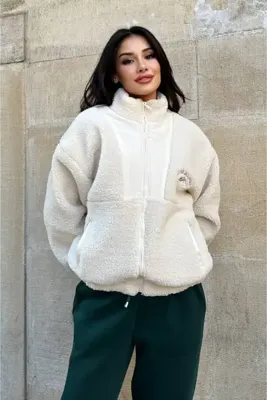 schlank Kadın Polar Peluş Mont - Yumuşak Peluş Kumaşlı Fermuarlı Oversize Ceket- Ekru