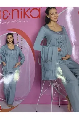 skycott 3lü hamile takım dantel detay alt fiyonk detay üst ve bağlamalı cepli sabahlık 3 parça pijama