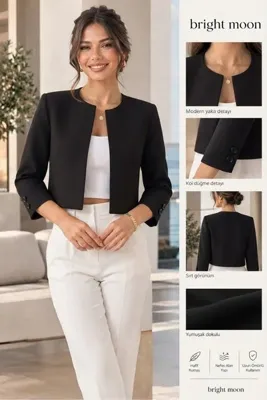 bright moon Sıfır Yaka Kısa Crop Blazer Ceket - Kol Düğme Detaylı Şık Ofis Ceketi
