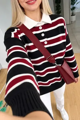 Gülce moda Düğmeli Polo Yaka Çizgili Oversize Triko Kazak