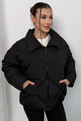 moda armanc Kadın Siyah Oversize Şişme Mont - Yüksek Yaka, Baklava Desenli